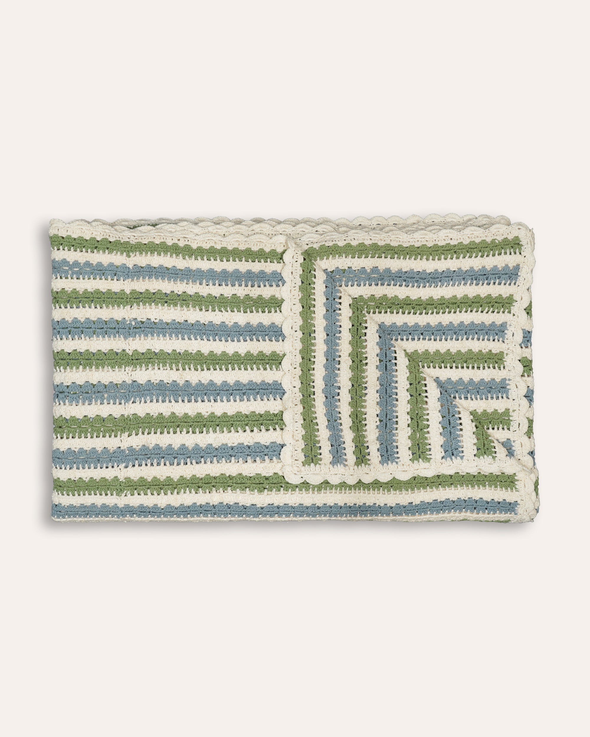 Blue and green striped crochet throw with scalloped edging - Birdie Fortescue soft furnishing