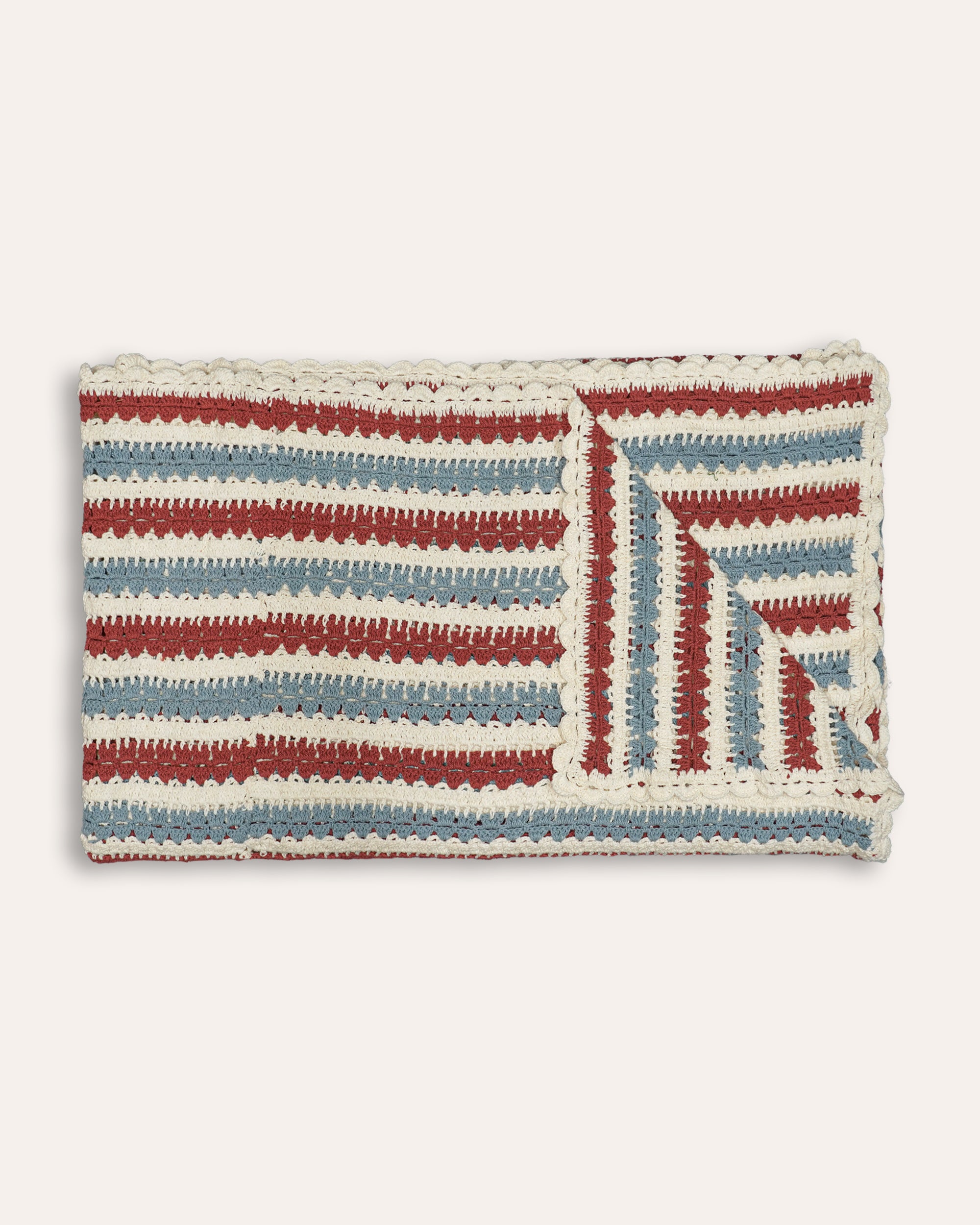 Red and blue striped crochet throw with scalloped edging - Birdie Fortescue soft furnishings