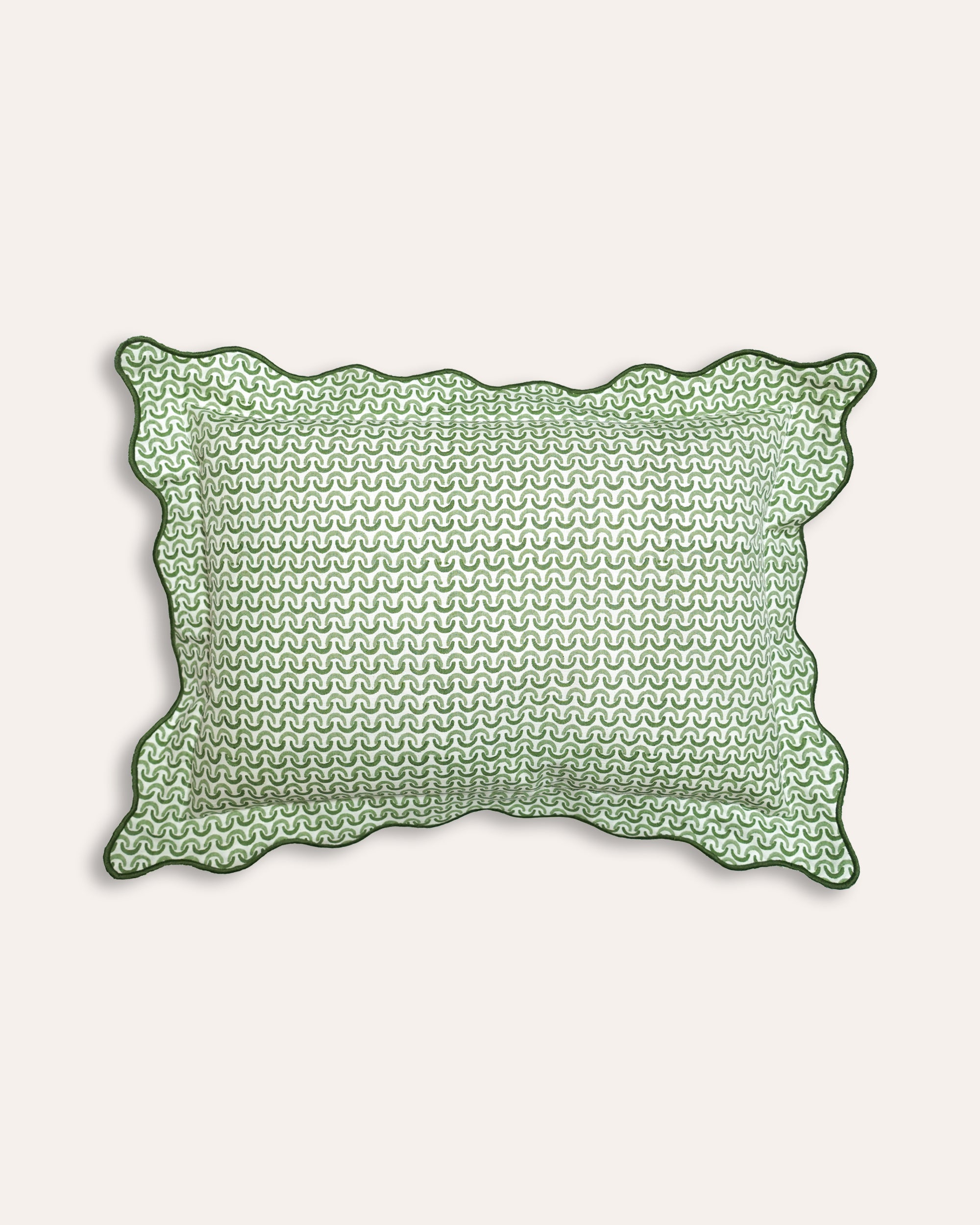 Green geometric patterned scalloped block printed cushion - Birdie Fortescue soft furnishings