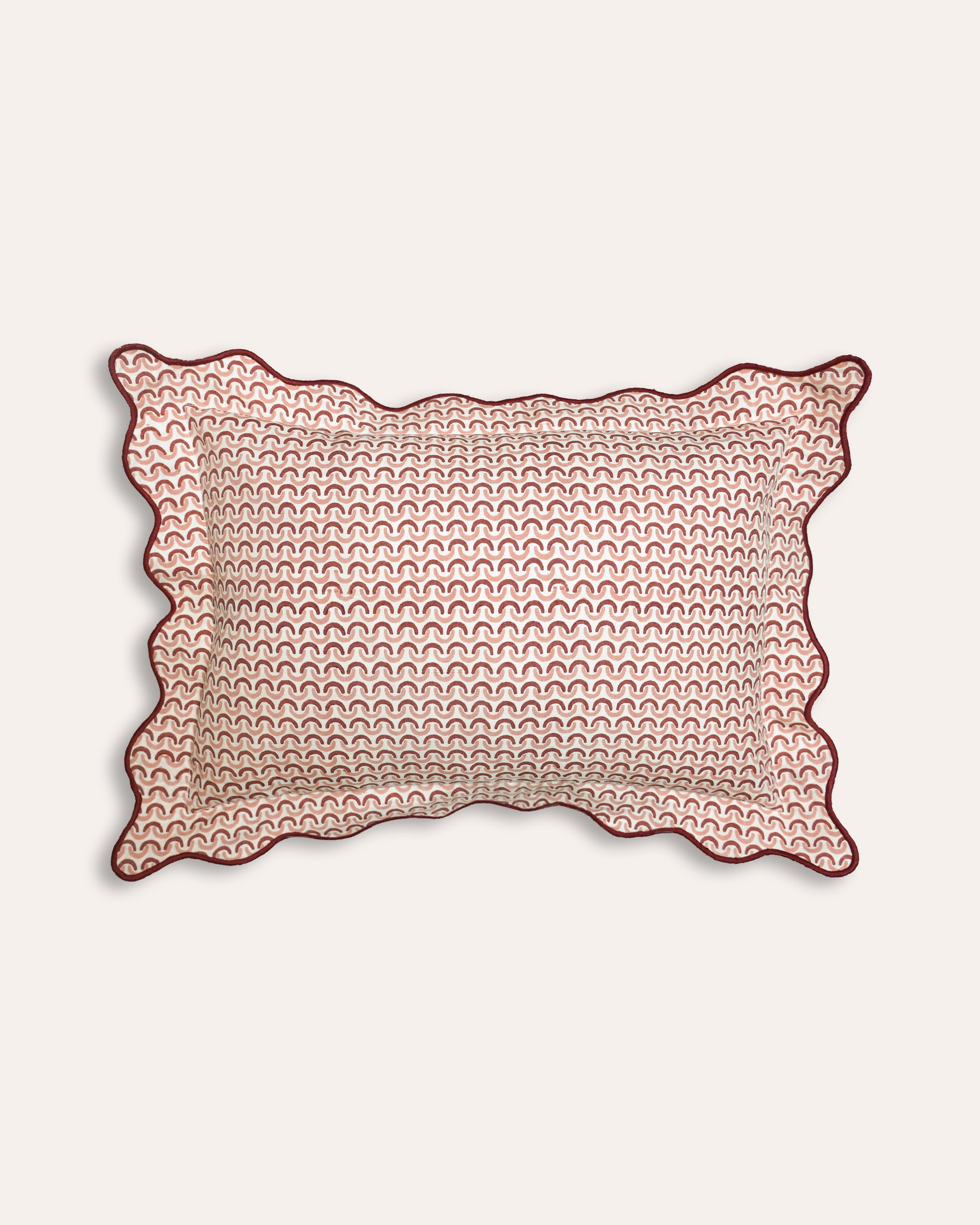 Pink geometric patterned Teja scalloped block printed cushion - Birdie Fortescue soft furnishing