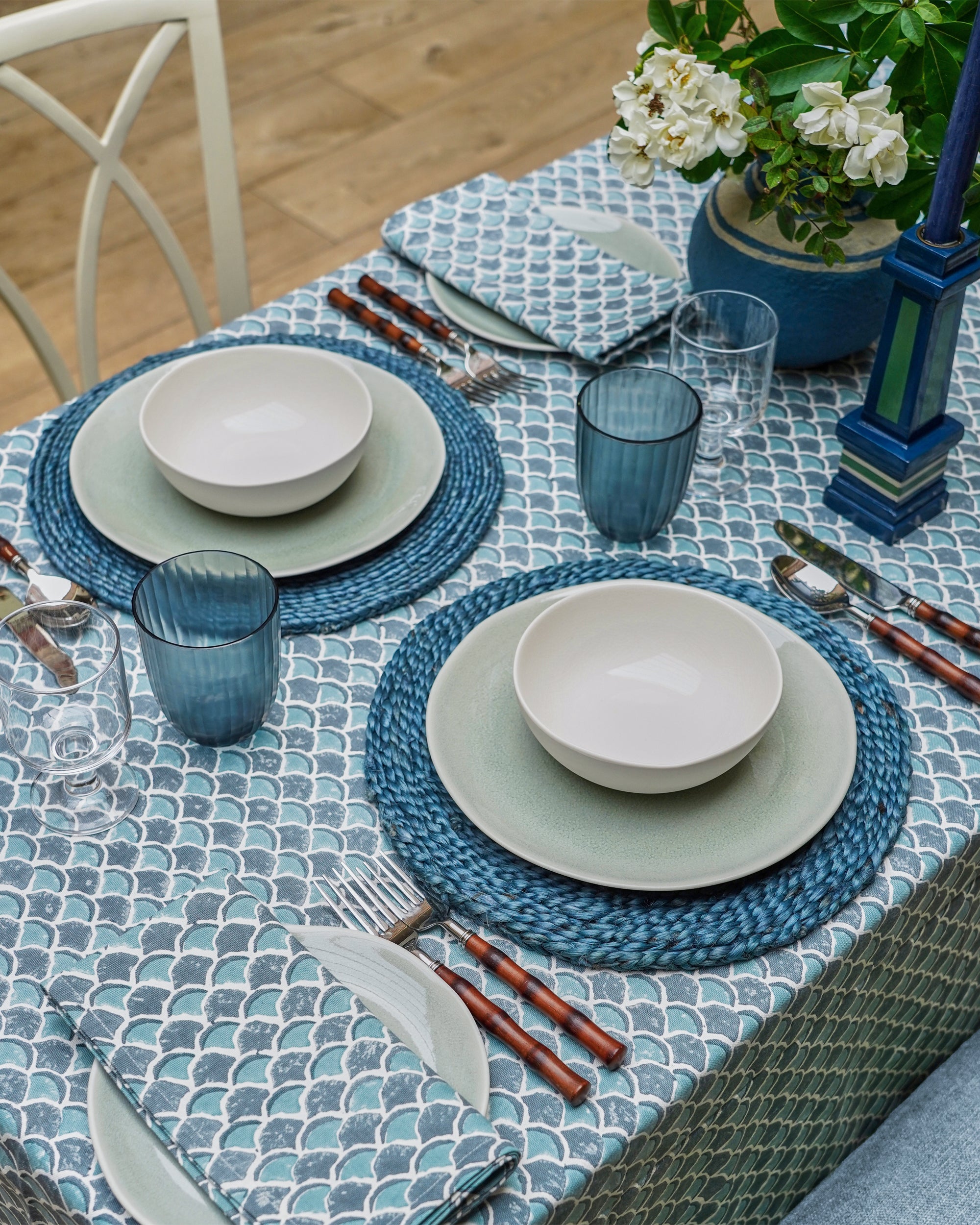 Blue scallop block print table setting