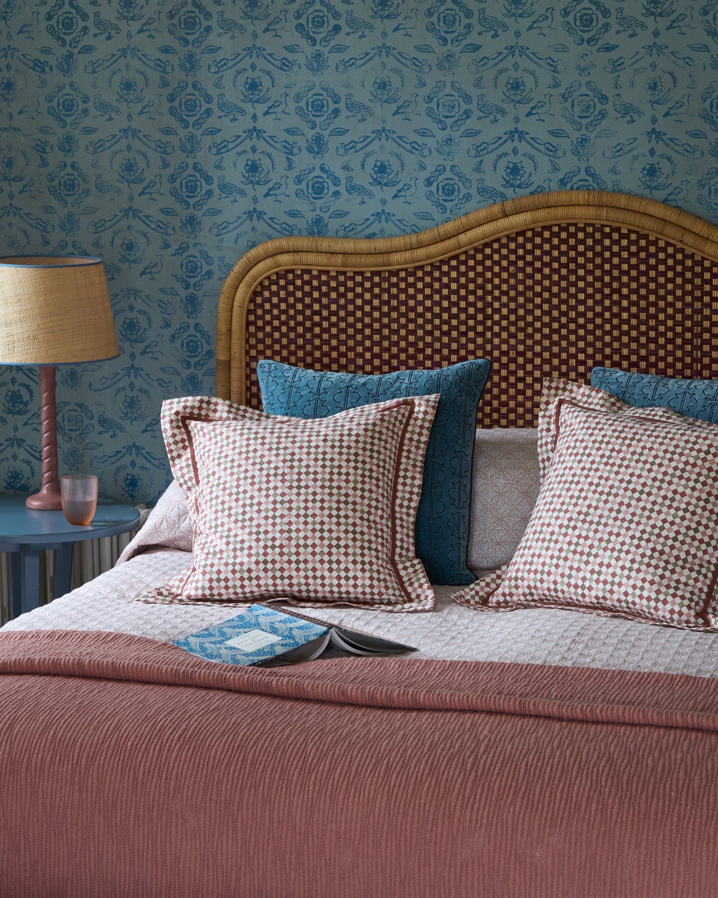 Super King Rattan Headboard Pink Birdie Fortescue