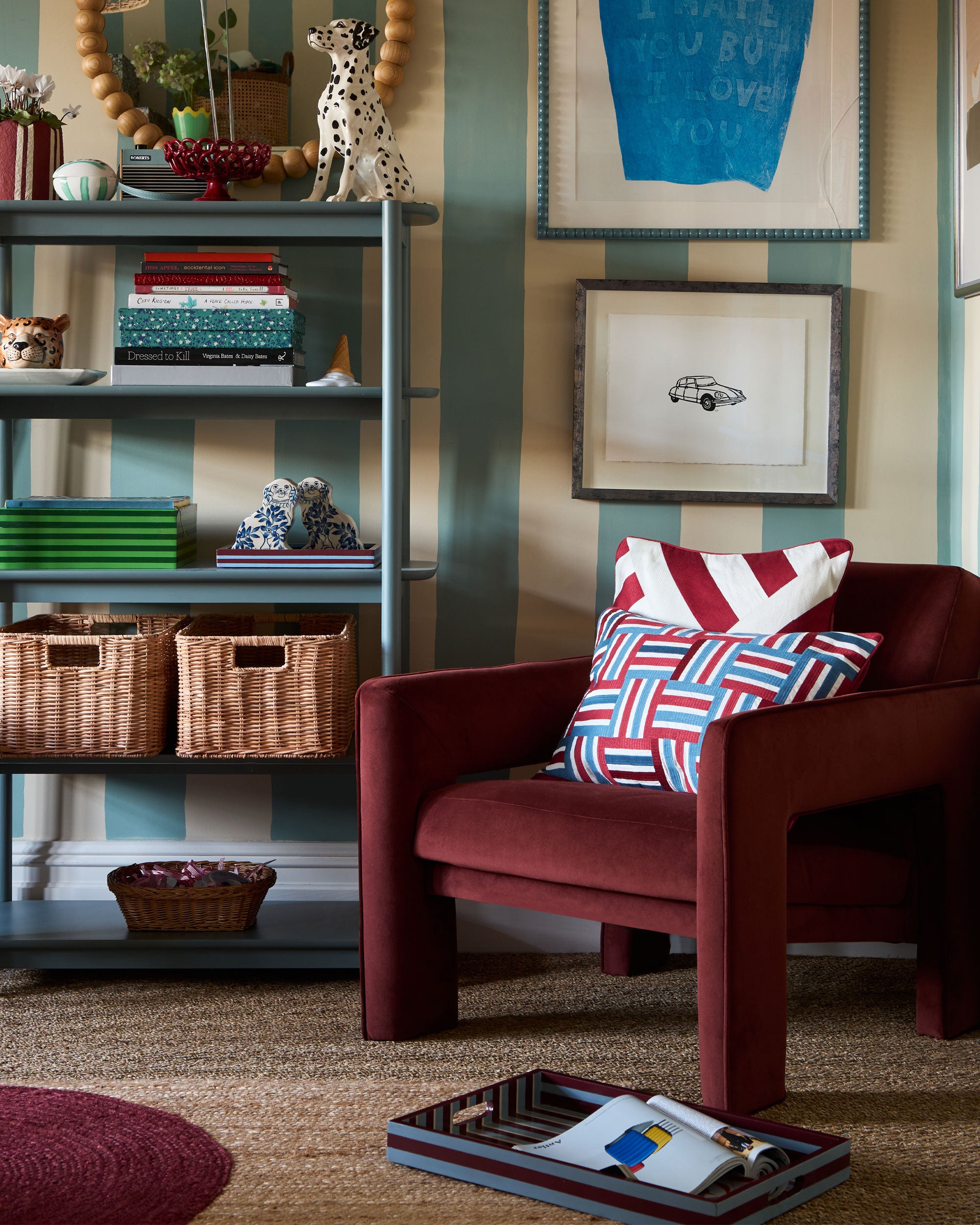 The Embroidered Stripey Cushion - The Blue and Red