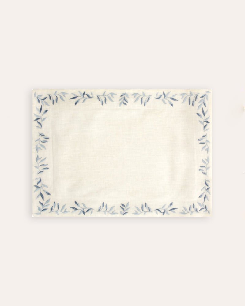 Foliage Embroidered Linen Placemat - Blue