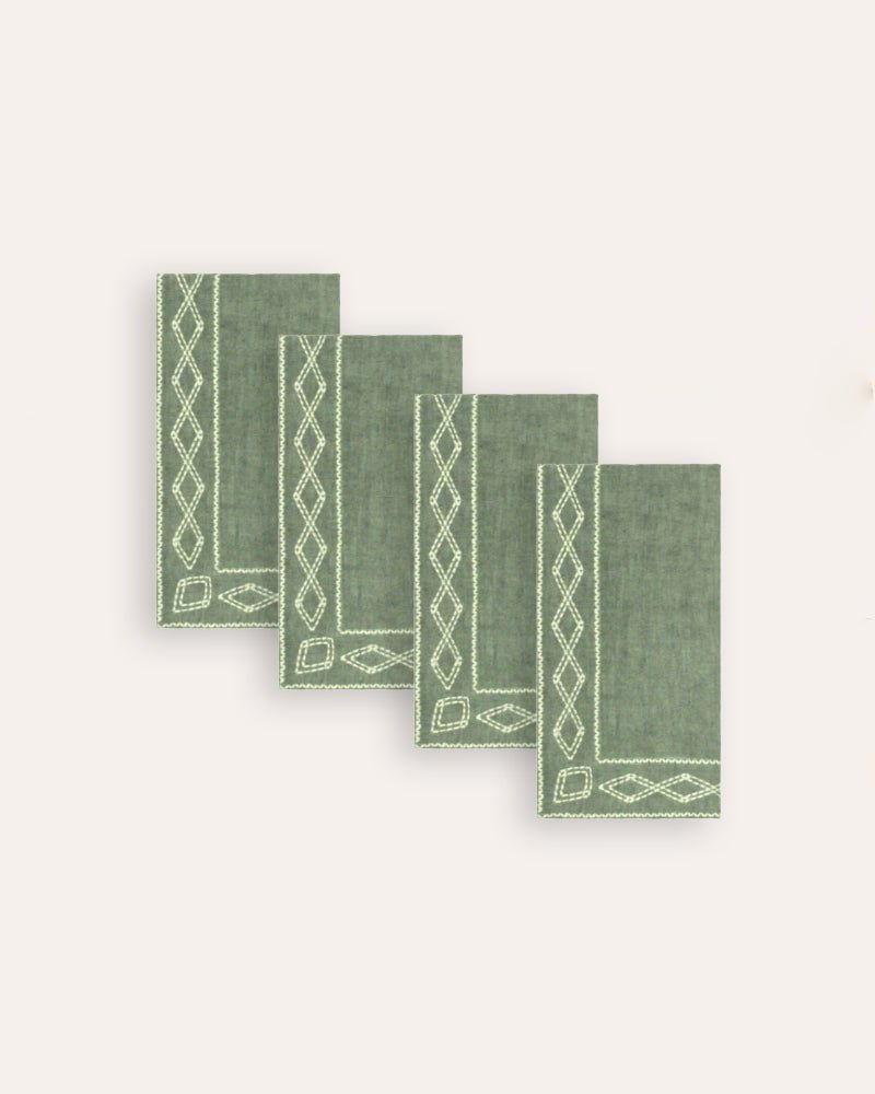 Shashiko Embroidered Linen Napkin - Moss Green