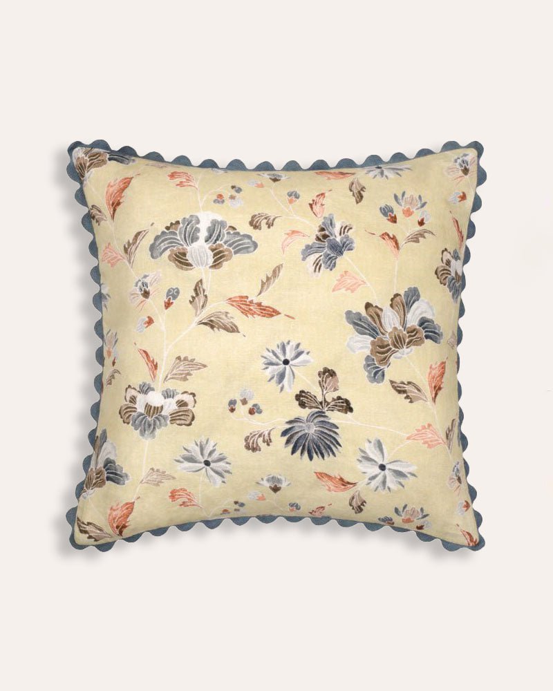 Peony Linen Square Cushion - Blue & Rust Brown